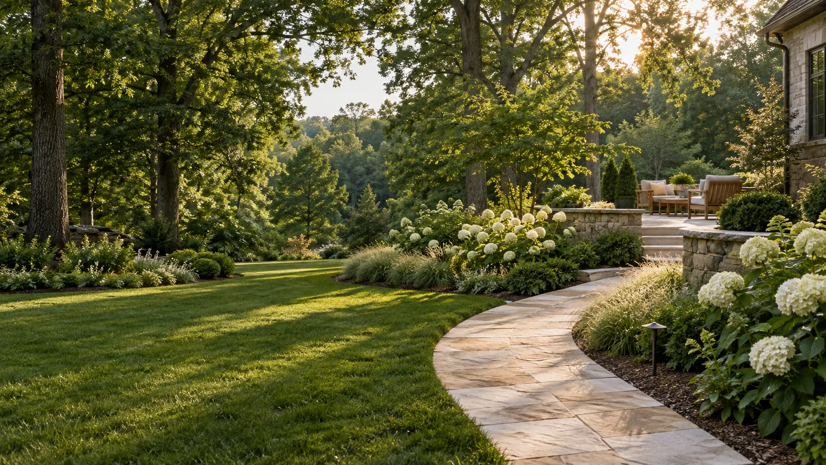Concepto ilustrativo de un jardín con un sendero de piedra, plantas nativas y un espacio para disfrutar al aire libre